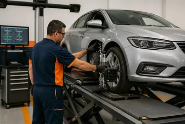 Equipamento de alinhamento de rodas em ação dentro de uma borracharia.