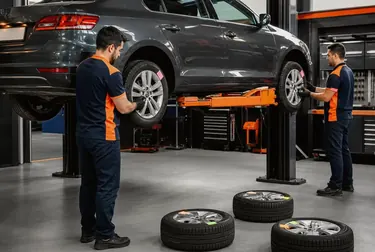 Mecânico fazendo rodízio de pneus em um carro em uma borracharia.
