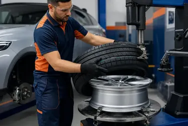 Mecânico trocando pneus em uma borracharia, com vários pneus visíveis ao fundo.
