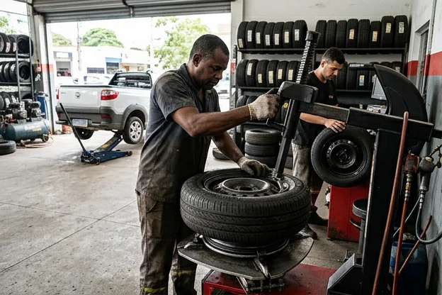 Pneus bem conservados expostos em uma borracharia, com técnicos operando ao fundo.