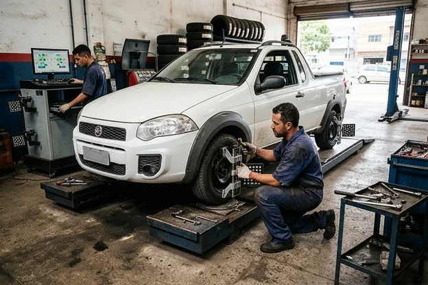 Técnico ajustando alinhamento de rodas em um veículo, mostrando equipamentos técnicos.