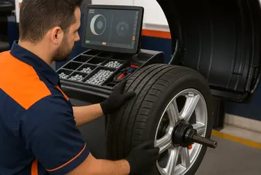 Técnico realizando balanceamento de rodas em uma borracharia.