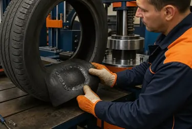 Técnico realizando vulcanização de um pneu em uma borracharia.
